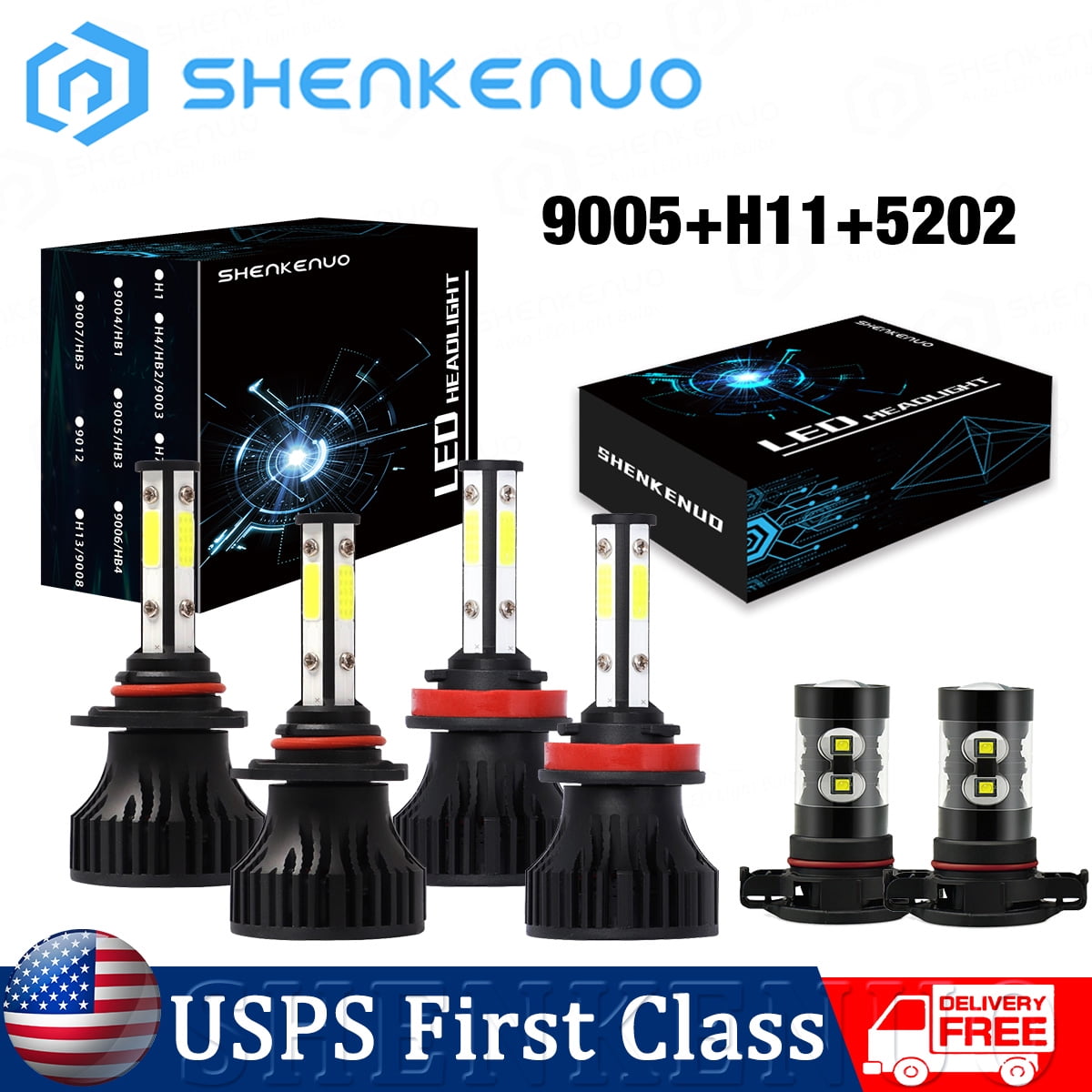 SHENKENUO 9005 H11 LED Headlight Hi&Low Beam 5202 Fog Light Bulbs For