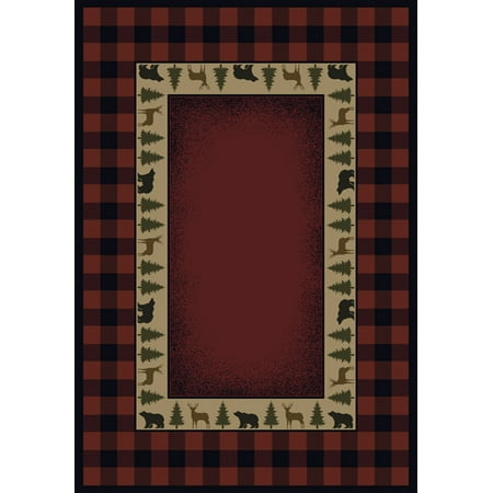 Palm Tree Border Rug - Designer Home Revival Area Rugs - 130-47636 Southwestern Lodge Red Plaid Trees Wildlife Border Rug