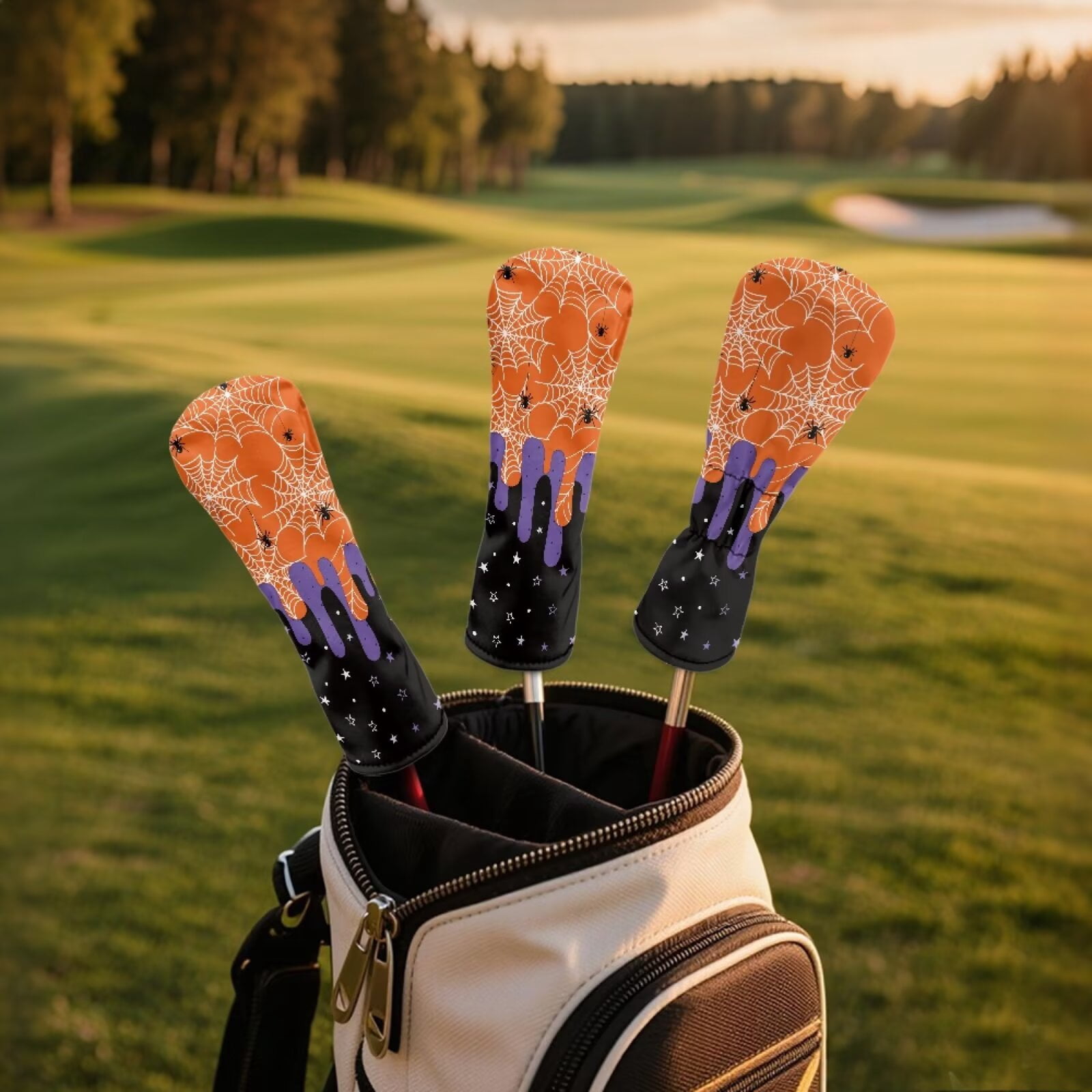 Uorisanigo Golf Club Head Cover for Fairway Woods Driver Hybrids, Funny Cobweb Print Golf Headcover Set of 3, Premium Leather Golfclub Covers for Extra Club Protection, Abrasion-Resistant