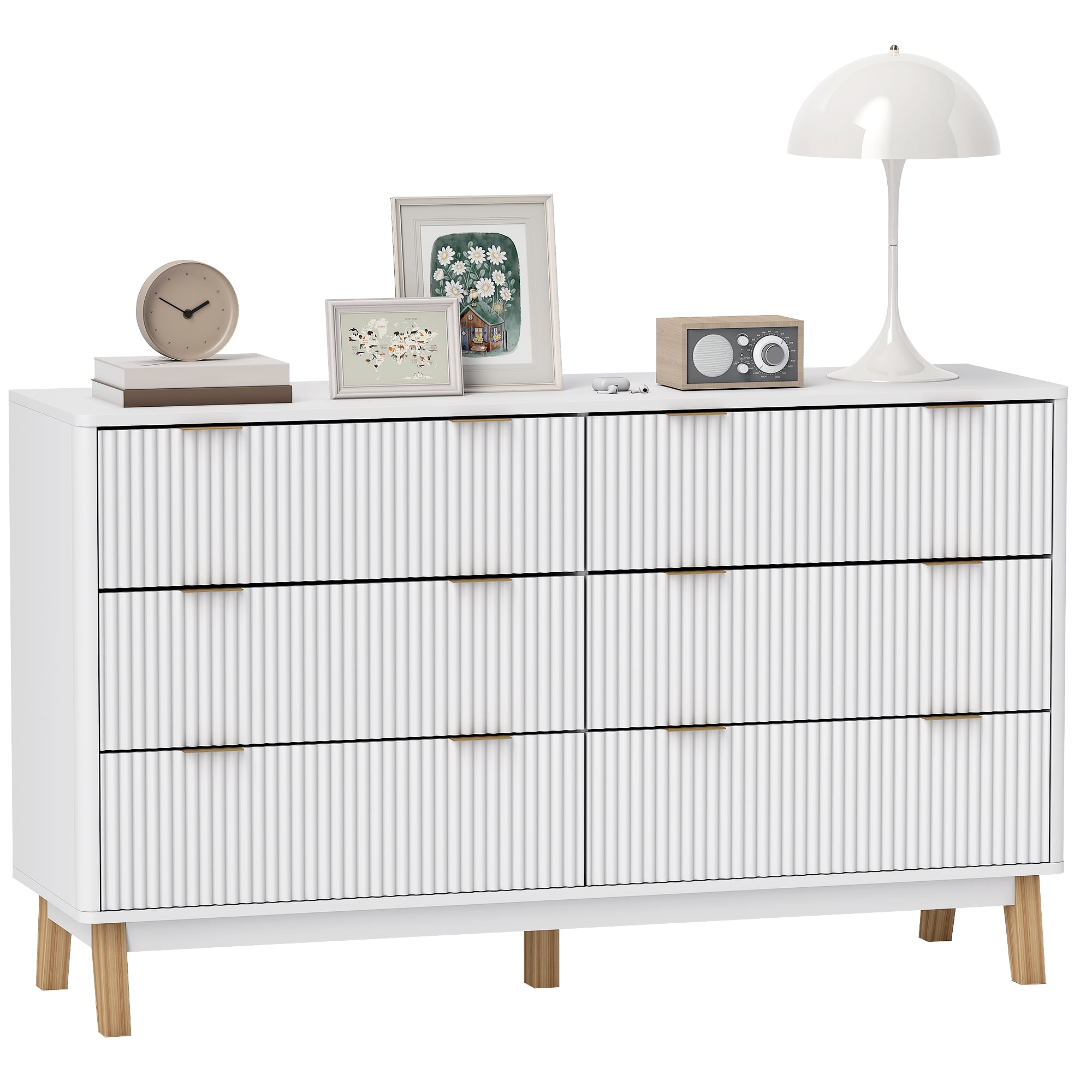 HOMCOM Fluted Dresser for Bedroom with 6 Drawers, 54" Wide Chest of Drawers with Gold Finger Pulls and 5 Wood Legs, White