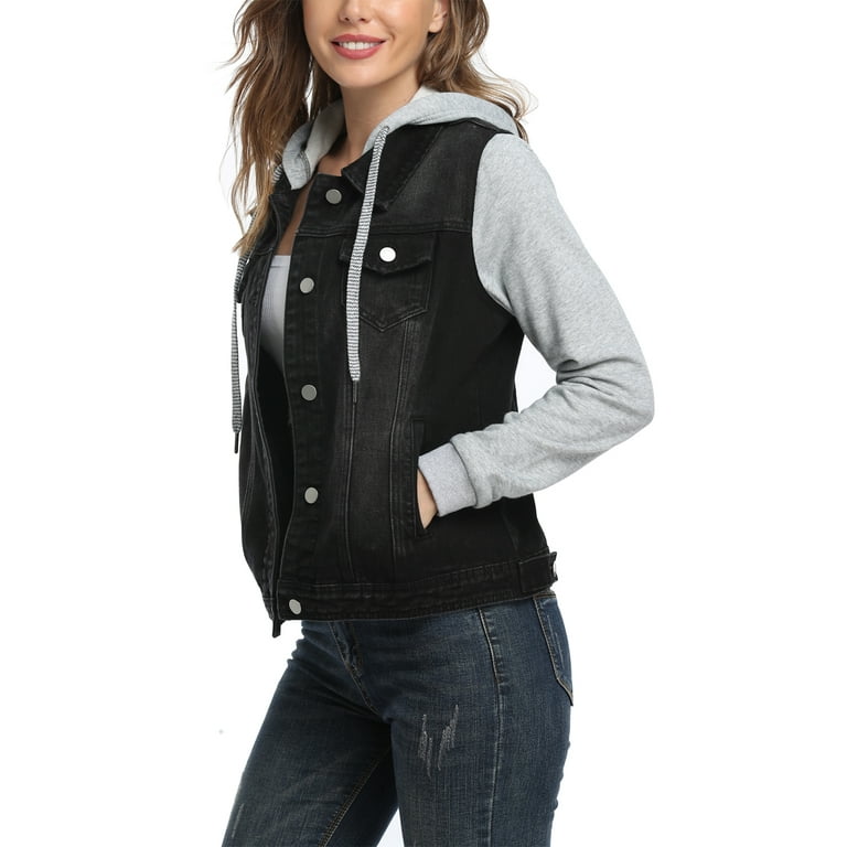 MISS MOLY Women's Denim Jackets With Hoodie Layered Drawstring Casual Jean  Jacket Coat w Pockets Black XL
