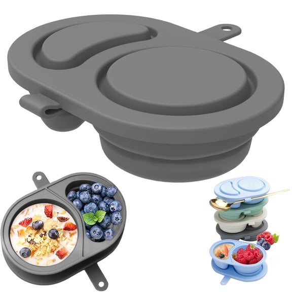 Gray Salad Container, Snack Container with Lid, Food Storage Containers, Reusable Snack Containers, Silicone Double Compartment Food Box 5.3x3.5x1.26 In (1Pcs)