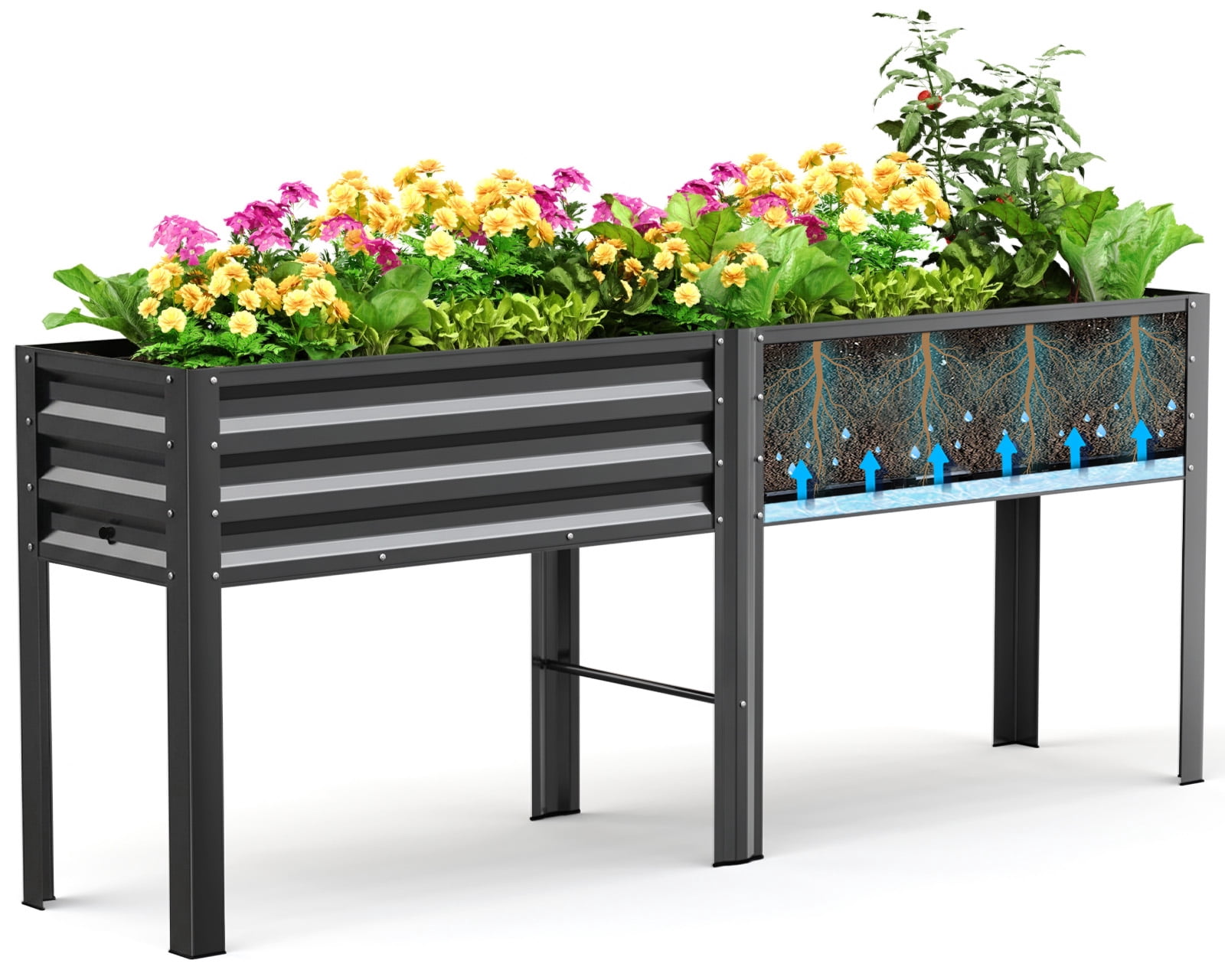 King Bird Galvanized Steel Raised Garden Bed Kit, 80"x17"x31.5" Metal Planter Box with Self-Watering Basin Cells, Tall Elevated Garden Bed for Vegetables & Flowers Deep Gray