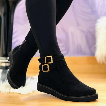 

TALKVE Womens Shoes Fashion Lightweight Round Toe Thick Sole Flat Suede Low Tube Metal Buckle Short Boots