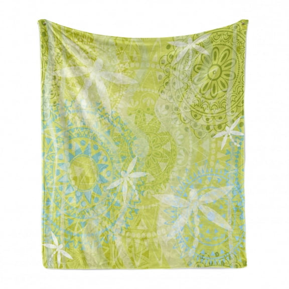 Dragonfly Soft Flannel Fleece Throw Blanket, Dragonfly Silhouettes over Round Mandala Circles Oriental Inspired Print, Cozy Plush for Indoor and Outdoor Use, 50" x 60", Green White, by Ambesonne
