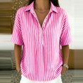 thumbnail image 2 of Womens Cotton Linen Gauze Tops Summer Button Down V Neck Half Sleeve Shirts Dressy Casual Clothes Striped Blouses Loose Boho Blouses Collared Fitted Tops Summer Business Outfits Linen Tunic Tops, 2 of 8
