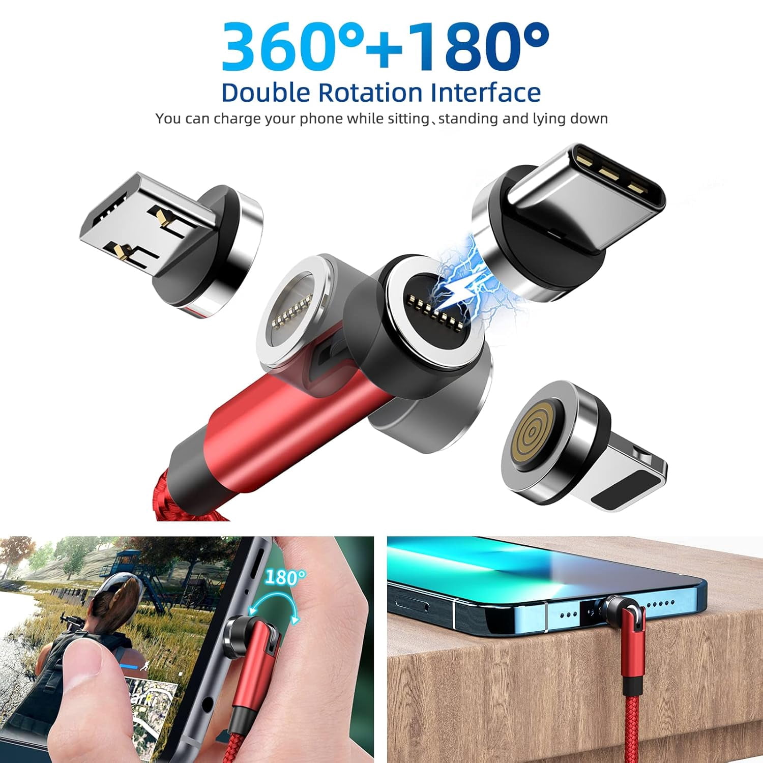 540° Rotation Magnetic Charging Cable, 3 in 1 Magnetic Phone Charger [4-Pack, 3ft/3ft/6ft/10ft] 3A Fast Charging Cable Support Data Transfer USB Magnet Charger Cable for i-P/Micro USB/Type C Device
