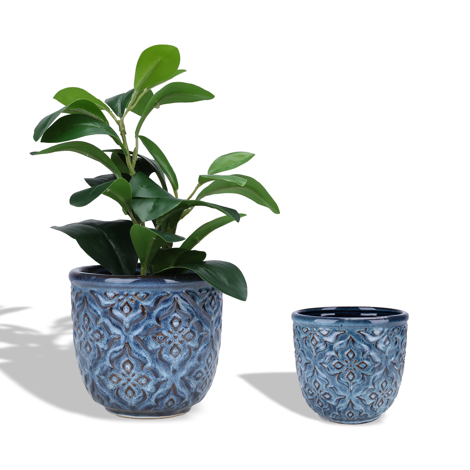 Metal Plant Pot with Glossy Hibiscus Print Pattern and Brass Interior, Colorful Flower Pot and Succulent Planter Container, Set of 2