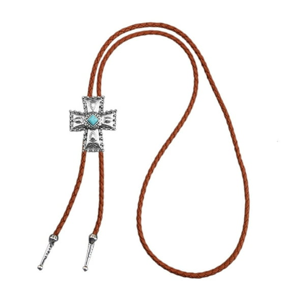 Leather Rope Cowboy Bolo Tie with Metal Crosses Stone Jewelry Sweater Necktie