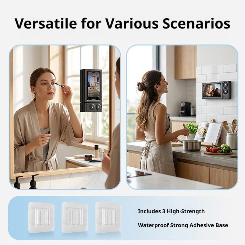 Shower Phone Holder with Bluetooth Speaker, IPX6 Waterproof Wall Mount Case, Rotatable Touchscreen Stand for Bathroom Kitchen, Gifts for Mom Dad Graduation