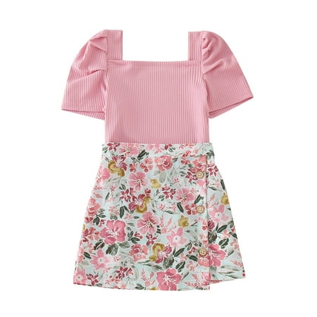 

LNMQLPDBS Girl Clothes Toddler Girls Short Sleeve Ribbed Tops Summer Flowers Prints Buttons Skirts Outfits Girls Summer Outfits