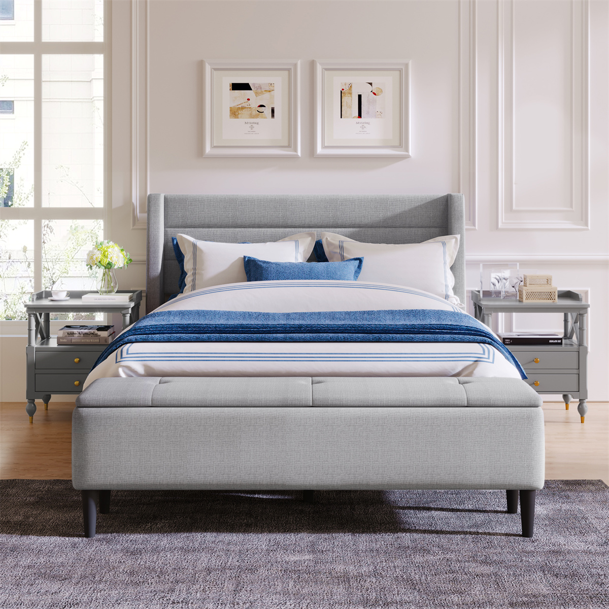 Queen Size Upholstered Storage Platform Bed, Modern Linen Wood Bed