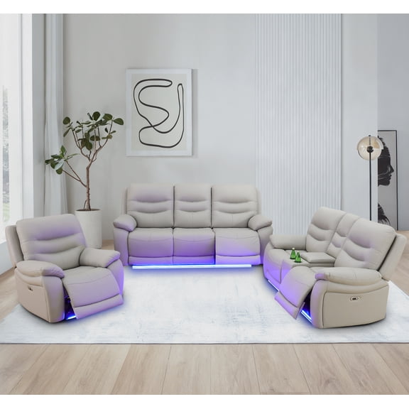 Caberryne Leather Recliner Sofa Set for Living Room Furniture Set, Power Reclining Couch with LED Lights/Charging Ports/Deep Seats for House/Home Theater(6 Seater)