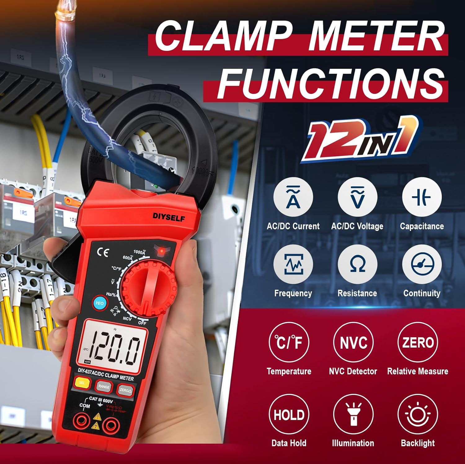 DIYSELF Digital Clamp Meter – 600A AC/DC, 6000 Counts, Auto-Ranging Multimeter with Non-Contact Voltage, Backlit Display, Temperature Test, Diode & Continuity, CAT III 600V, Clamp Multimeter