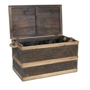 Household Essentials Decorative Trunk, Embossed Metal, Small, Chinese Fir Wood, Darkened Interior, Rope Handles, Flat y Opening Lid, Handmade, Walnut and Almond Stain