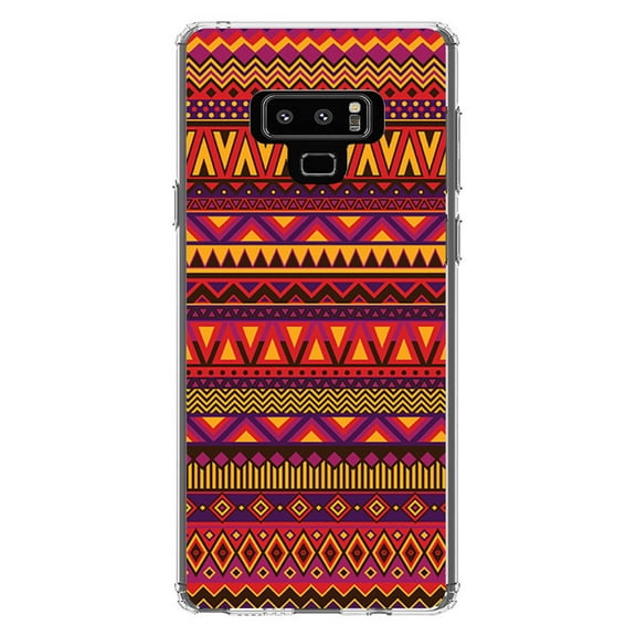 DistinctInk Clear Shockproof Hybrid Case for Samsung Galaxy Note 9 - TPU Bumper, Acrylic Back, Tempered Glass Screen Protector - Purple Red Yellow Tribal Print