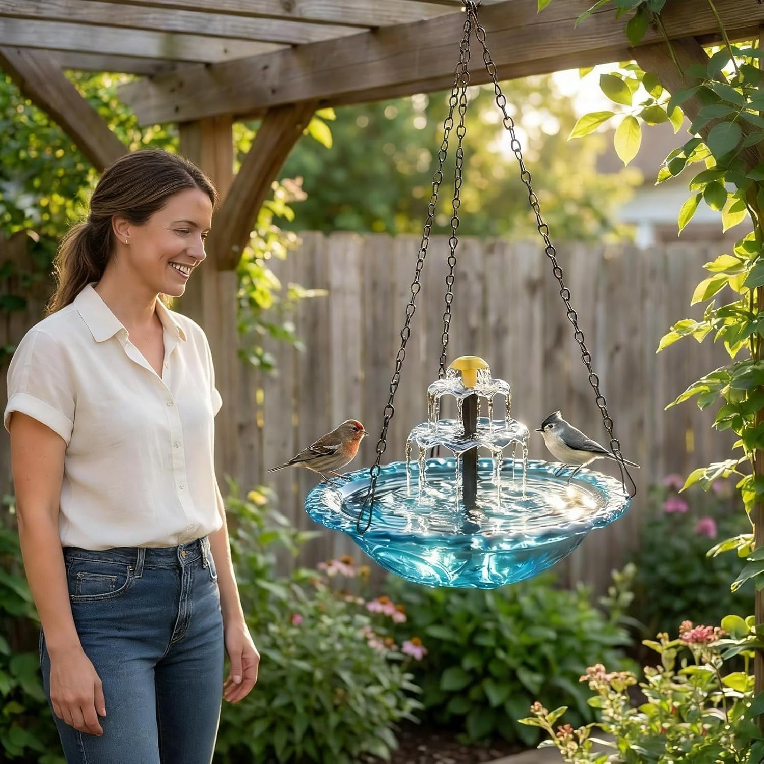 SlumbayTale  Solar Cascade Hanging Bird Bath Fountain,Hanging Bird Bath with Water for Outdoors Garden Patio Backyard Lawn Decor