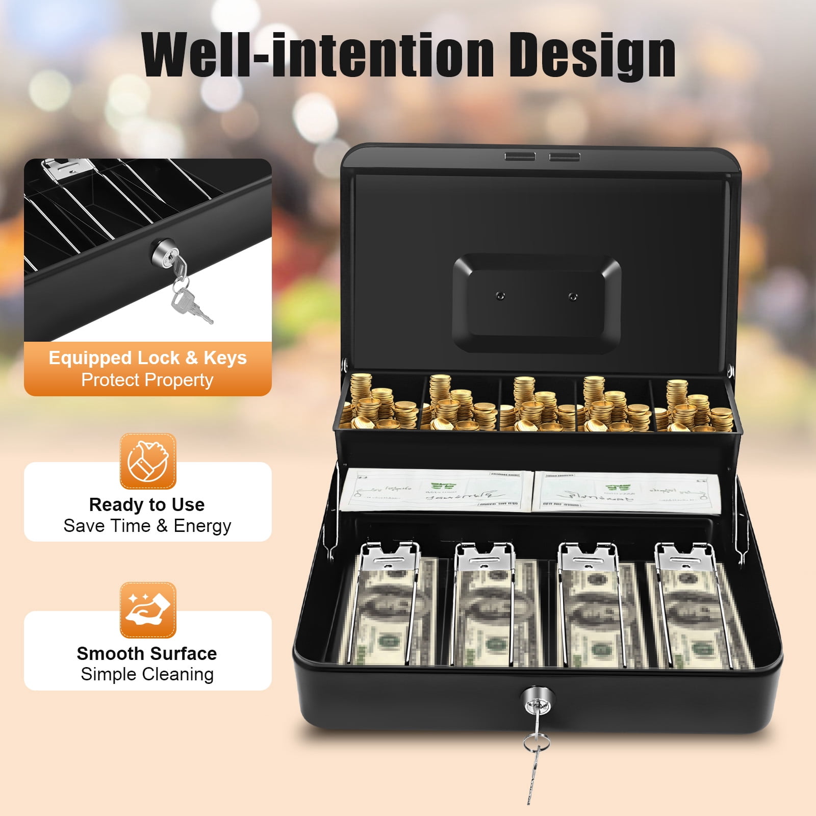 Large Cash Box with Money Tray and Lock, Metal Money Box for Cash, Lock Safe Box for Money 11.8" x 9.4" x 3.5", 4 Bill 5 Coin Slots