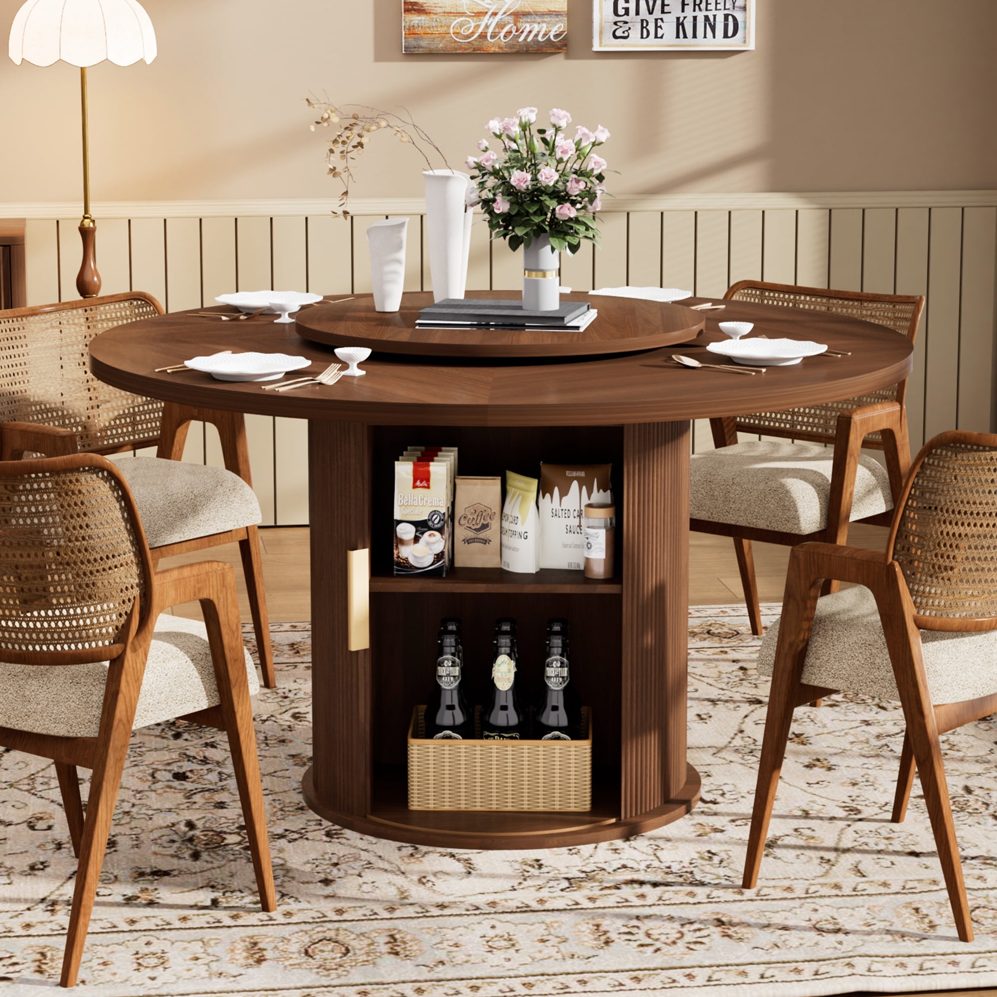 Miniyam 55" Round Rotating Dining Table with Storage Shelves, Wood Cylindrical Base with Fluted Design, Thick Tabletop Lazy Susan Table for 6, Walnut