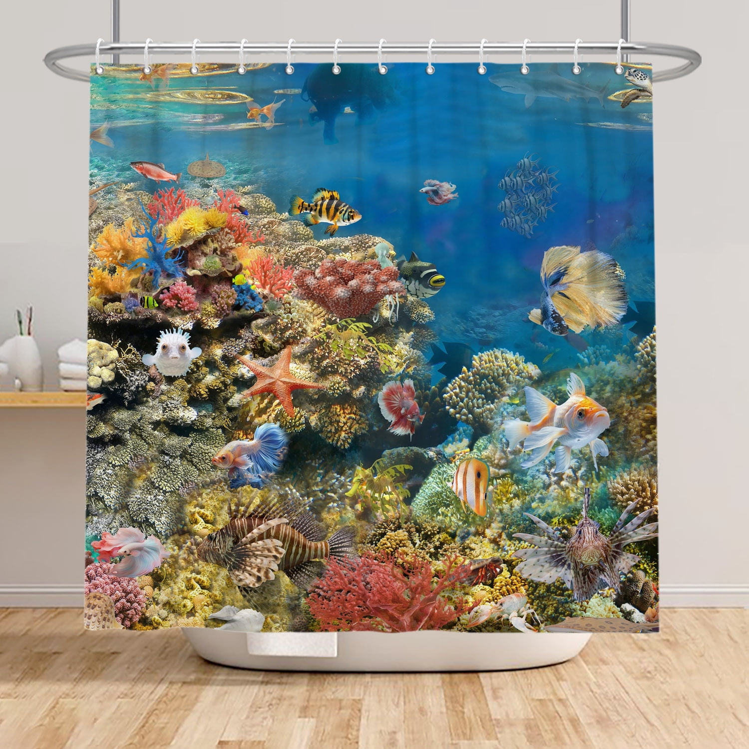 SUNOLIFE Underwater World Shower Curtain Ocean Under the Sea Fabric Bathroom Curtain with Hooks,72x72 in