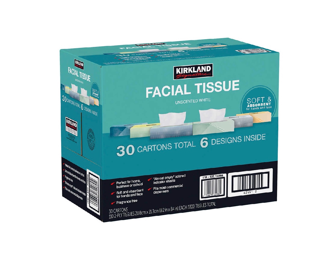 Kirkland Signature Facial Tissue, 2Ply, Flat Box, 110 Tissues, 30 ct