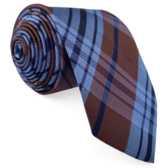 Necktie Mens Tie Reddish-Brown Blue Tartan Checkered Silky Touch for Business Formal Attire Classic 57.5"