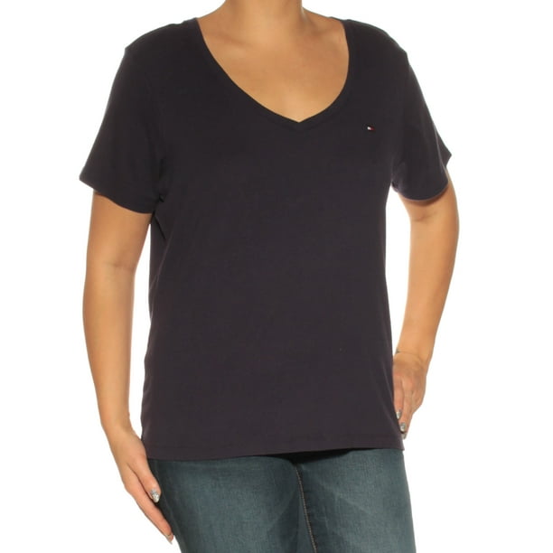Tommy Hilfiger TOMMY HILFIGER Womens Navy Short Sleeve V Neck Top