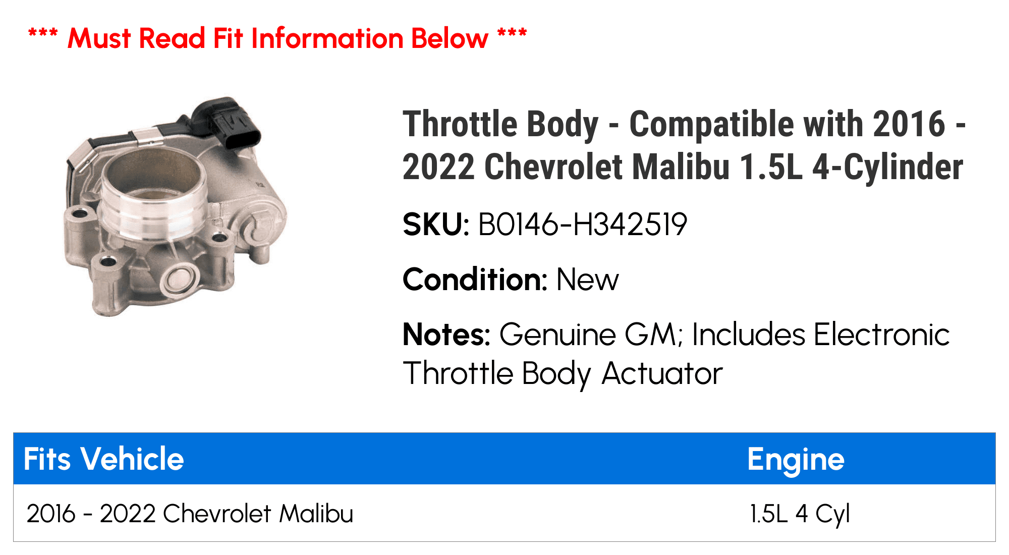 Throttle Body - Compatible with 2016 - 2022 Chevy Malibu 1.5L 4-Cylinder 2017 2018 2019 2020 2021