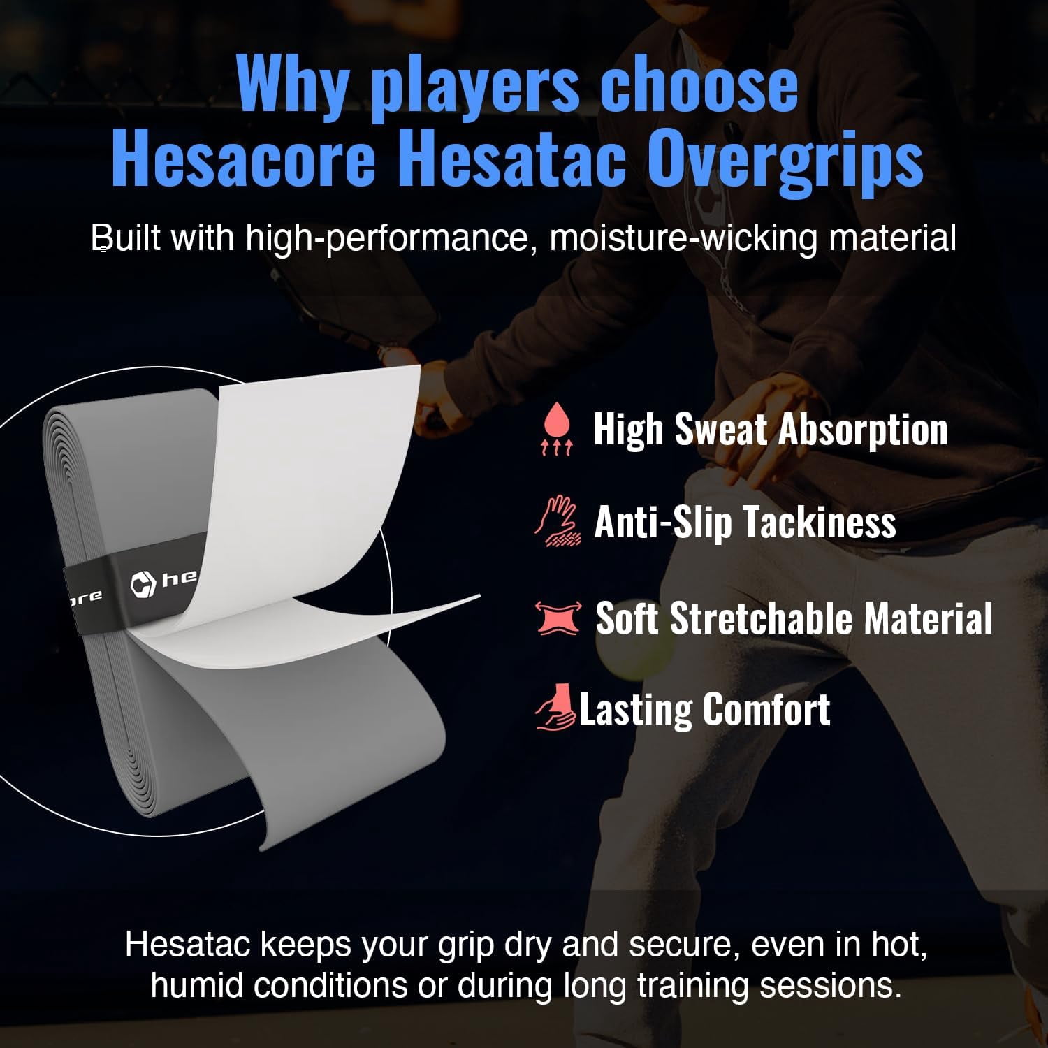 Hesatac Overgrip Tape – for Pickleball, Padel & Tennis – Made for Grips – Sweat Absorbing, Soft, Anti-Slip, Stretchable Overgrip