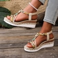 thumbnail image 5 of Bohemian Wedge Sandals for Women Summer Dressy Ankle Elastic Wide Width Platform Sandals Lightweight Comfortable Open Toe Slip On Ankle Strap Beach Shoes Beige 7, 5 of 7