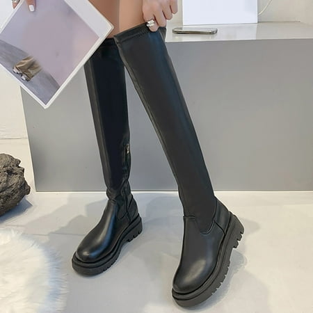 

Fashion Autumn Women Over Knee Boots Thick Sole Non Slip Round Toe Comfortable Solid Color Side Zipper Casual Style Womens over The Knee Boots Flat Womens Boots Wide Sizes Fall Boots for Women Size 11