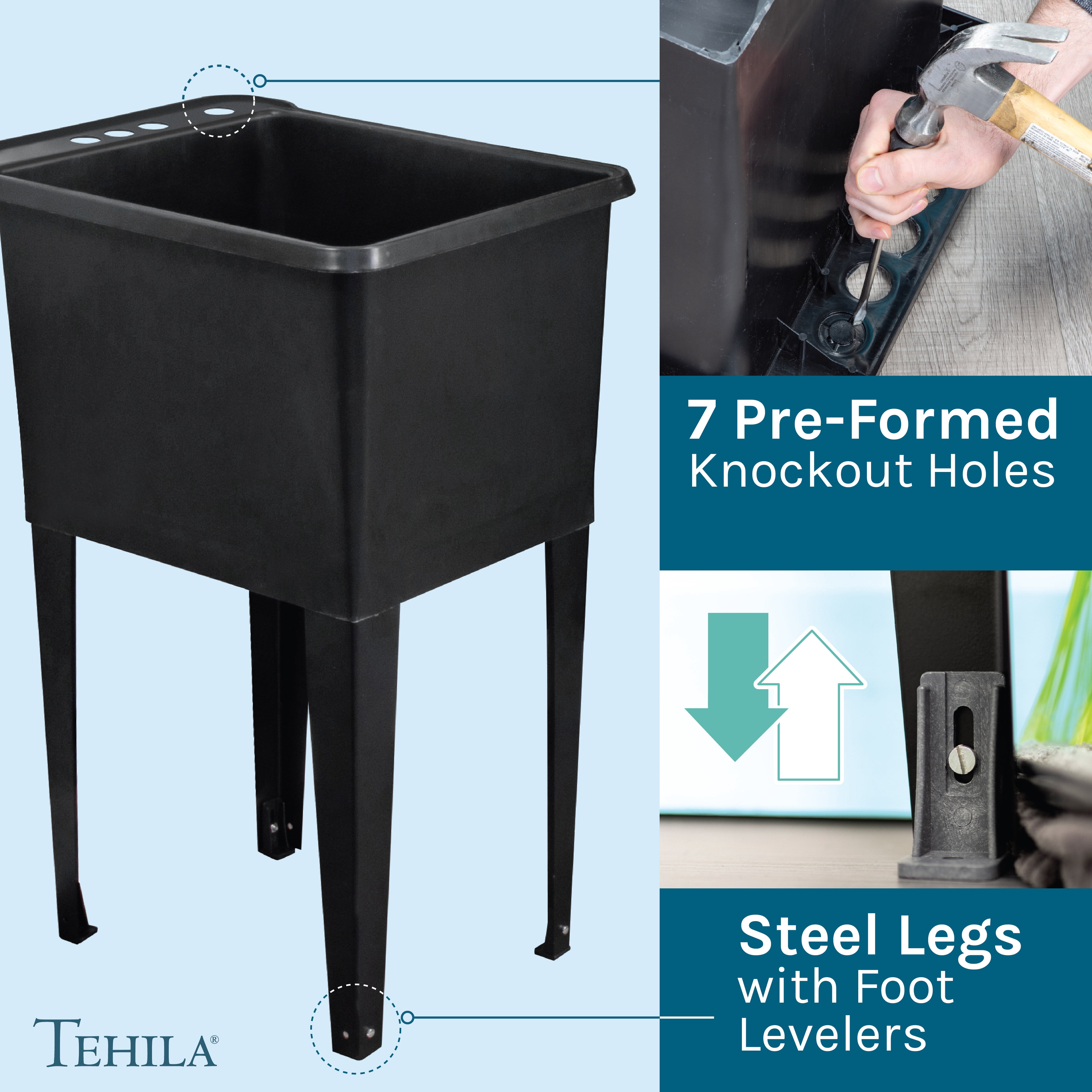 TEHILA Space Saver 16 Gallon Black Utility Sink with Black Pull-Down Faucet with Pause Mode