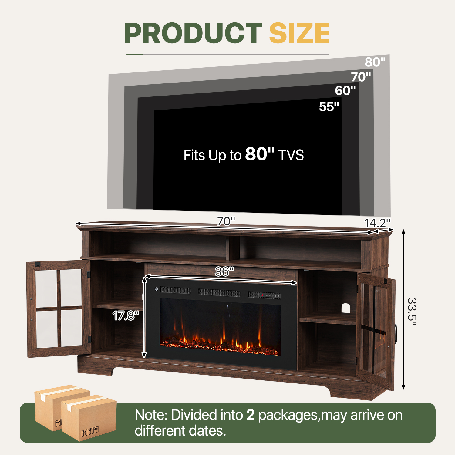 BaPiPro 70" Fireplace TV Stand with 36" Electric Fireplace for TVs up to 80", Media Entertainment Center Console Table, Rustic Brown