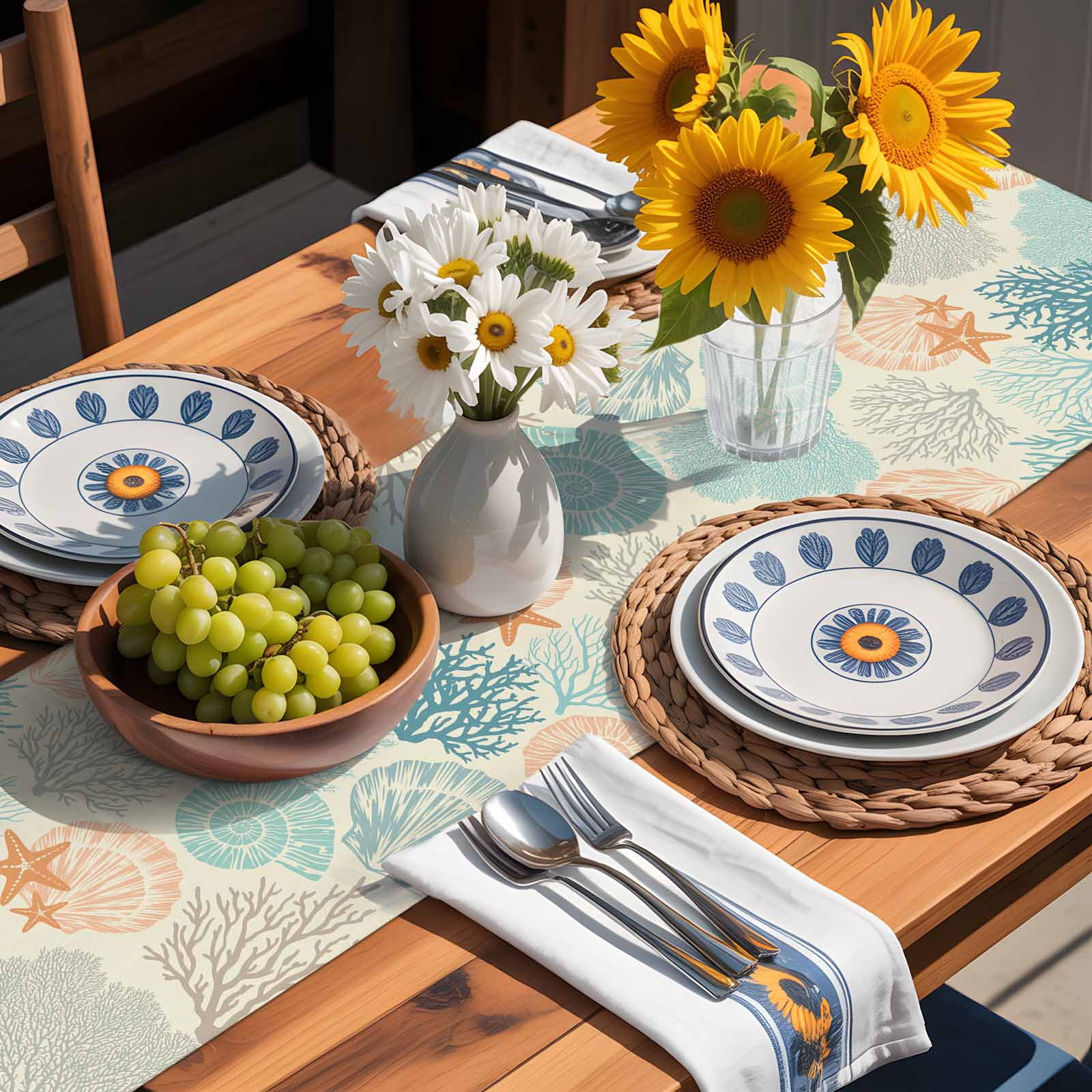 Ocean Coral Shell Conch Starfish Table Runner 90 Inches Long, Retro Underwater World Table Runners Tabletop Scarf Kitchen Dining Tables Decoration for Home Party Indoor Outdoor