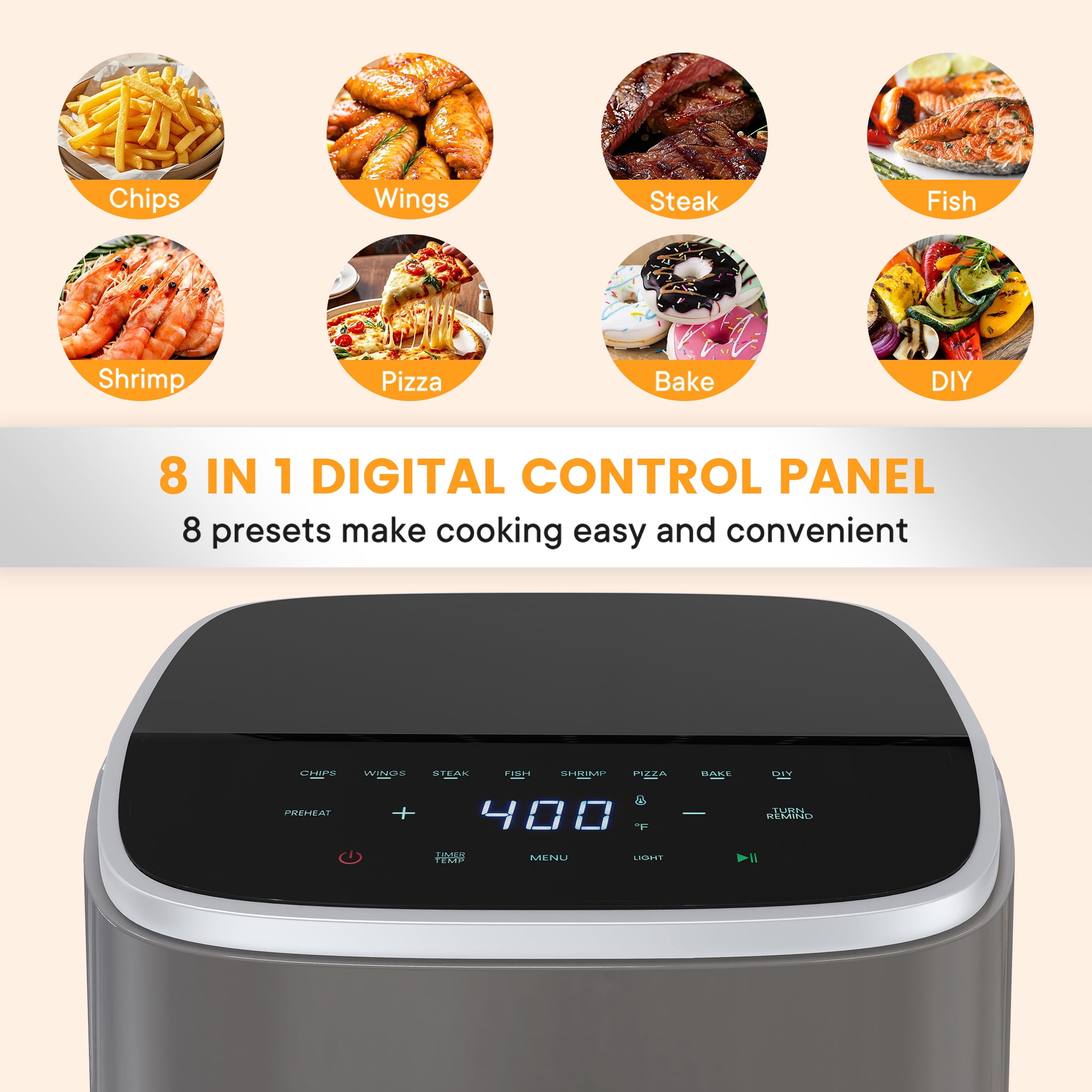 EDX 4QT Air Fryer, 1500W Digital Touchscreen with 8 Presets, Visible Window, Flip Reminder, Nonstick Dishwasher-Safe Basket, Gray