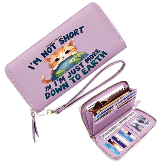 OIDERY Zip Around Wallet for Women RFID Blocking Wallet for Women Humorous Text Cute Kitten Earth Stylish Accessory Smooth Texture Everyday Wallet