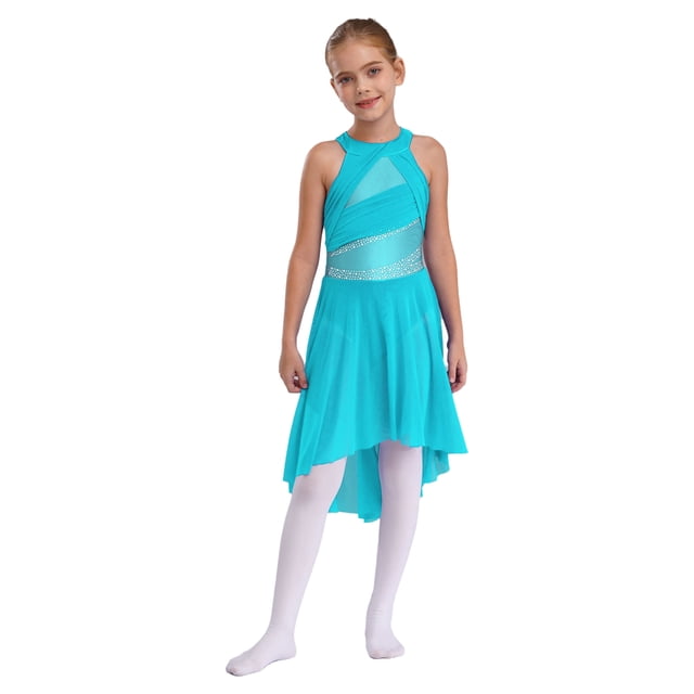RUNQHUI Kids Girls Sleeveless Shiny Rhinestone Ruched Ballet Leotard Dress Lyrical Modern Contemporary Ballroom Light blue 14