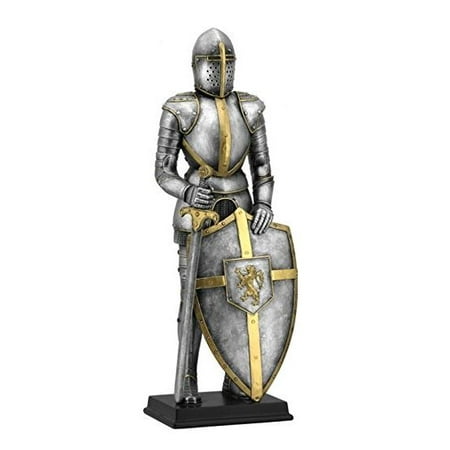 Medieval Fully Armored Metal Suit with Sword and Lion Crest Shield