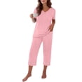 thumbnail image 2 of Womens 2 Piece Capri Sets,V Neck Short Sleeve Casual Matching Sets,Summer Loungewear Set with Elastic Waist Pants,Soft Lightweight Comfy Outfit for Daily Wear Pink M, 2 of 6