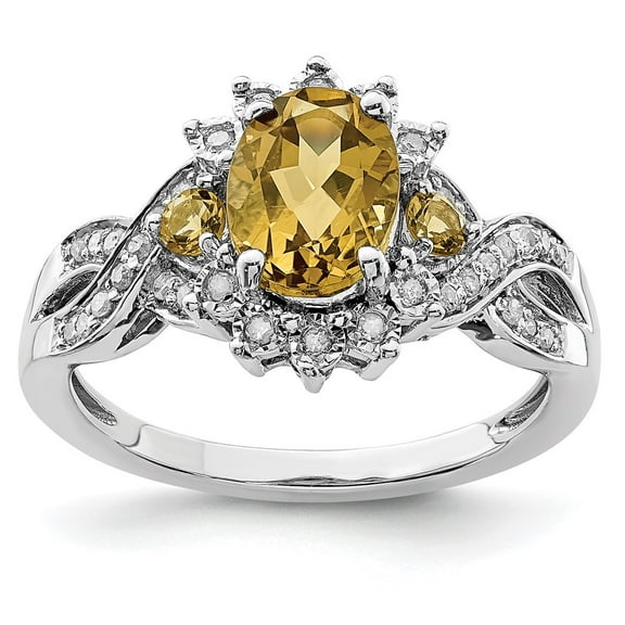 Primal Silver Sterling Silver Rhodium Diamond and Whiskey Quartz Ring