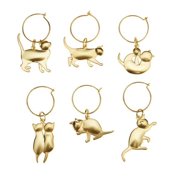 Twine Cat Lovers Wine Charms, Drink Markers for Wine Glasses Set of 6, Gold