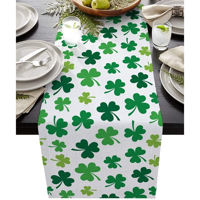 St Patrick's Day Green Shamrocks Clover Table Runners Cotton Linen Non-Slip Rectangle Dresser Scarves for Spring Party Holiday Kitchen Dining Banquet/Family Gathering Home Decor,14" x 72" long