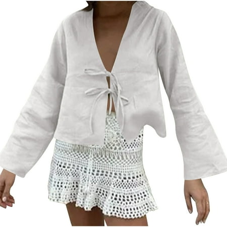 JGGSPWM Women s Tie Front Top  Bow Linen Shirt for Summer  White Y2K Long Sleeve Blouse  Lace Up Ruffle Babydoll Tunic  Cute Going Out Top White#/001 M