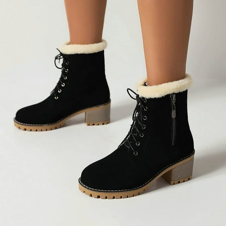 

Juebong Christmas Deals Womens Retro Keep Warm Solid Warm Boots Women Round Head Boots High Heeled Shoes Black 7