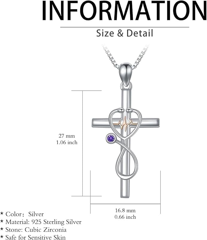 JKR Amethyst Gifts for Nurse 925 Sterling Silver Stethoscope Cross Necklace for Women Nurse Birthstone Jewelry Nursing Themed Medicine Nurses Day Gifts Doctor Medical Student RN