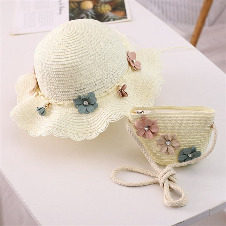 EHQJNJ Sun Hat 0-3 Months Kids Children Girls Flower Lovely Sunshade Hat  Straw Beach Sun Hat + Straw Bag Kids Hat Girl Hats