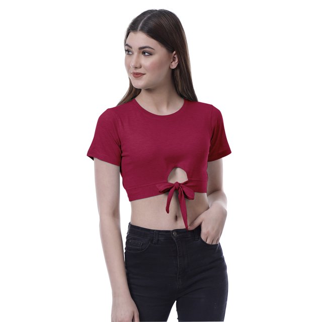 Moomaya Haut Court Noué devant pour Femmes Manches Courtes Col Rond Tee-Shirt Noué