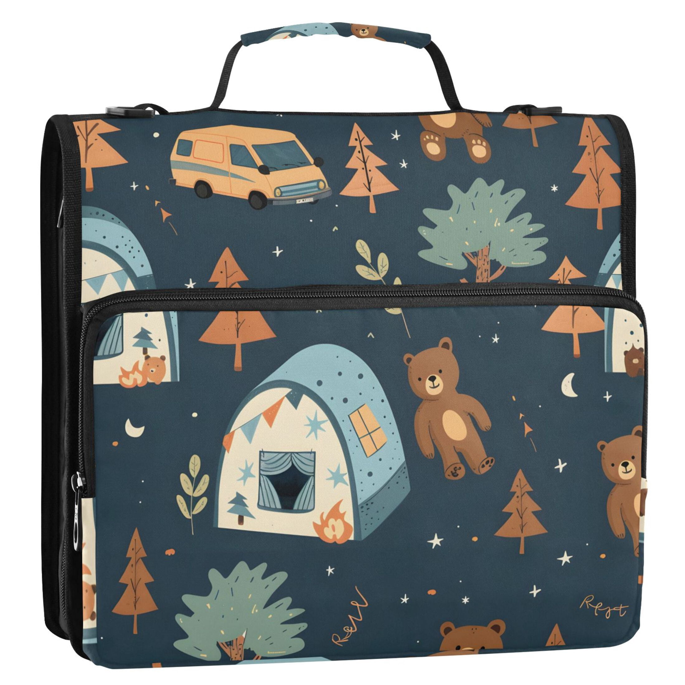 3 Ring Zipper Binder with Shoulder Strap Waterproof Trapper Keeper 2 Inch D-Ring 500 Sheets Capacity Bear Tree Car Tents