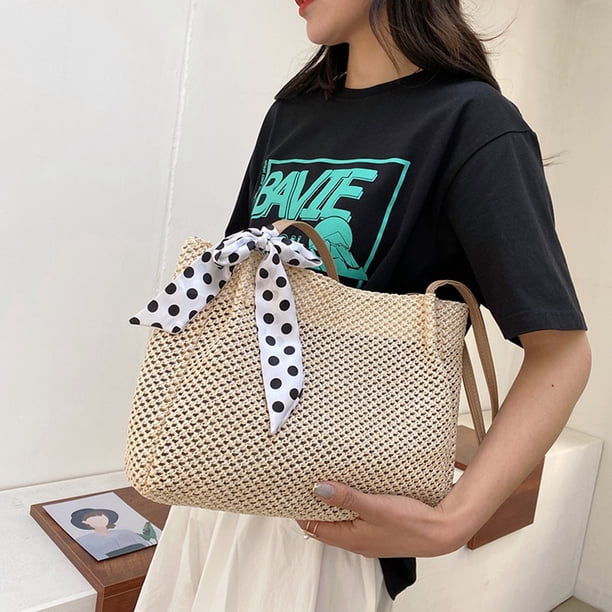 Bolso de mano de gran capacidad tejidos de paja de mano de hombro con cinta de seda para mujer