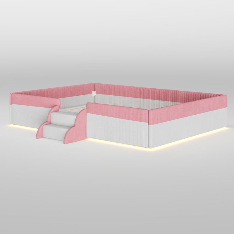 Full Size Upholstered Floor Bed with Fence, 2-Tier Steps and Smart LED Lights, Corduroy Platform Bed with Safety Guardrails, Kids Montessori Bed for Boys Girls
